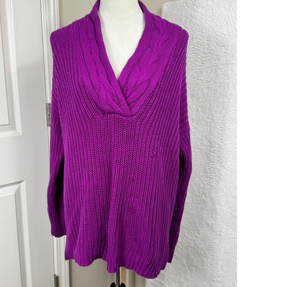 Lauren Ralph Lauren‎ Women's L Purple Cotton Knit Shawl Collar Pullover Sweater